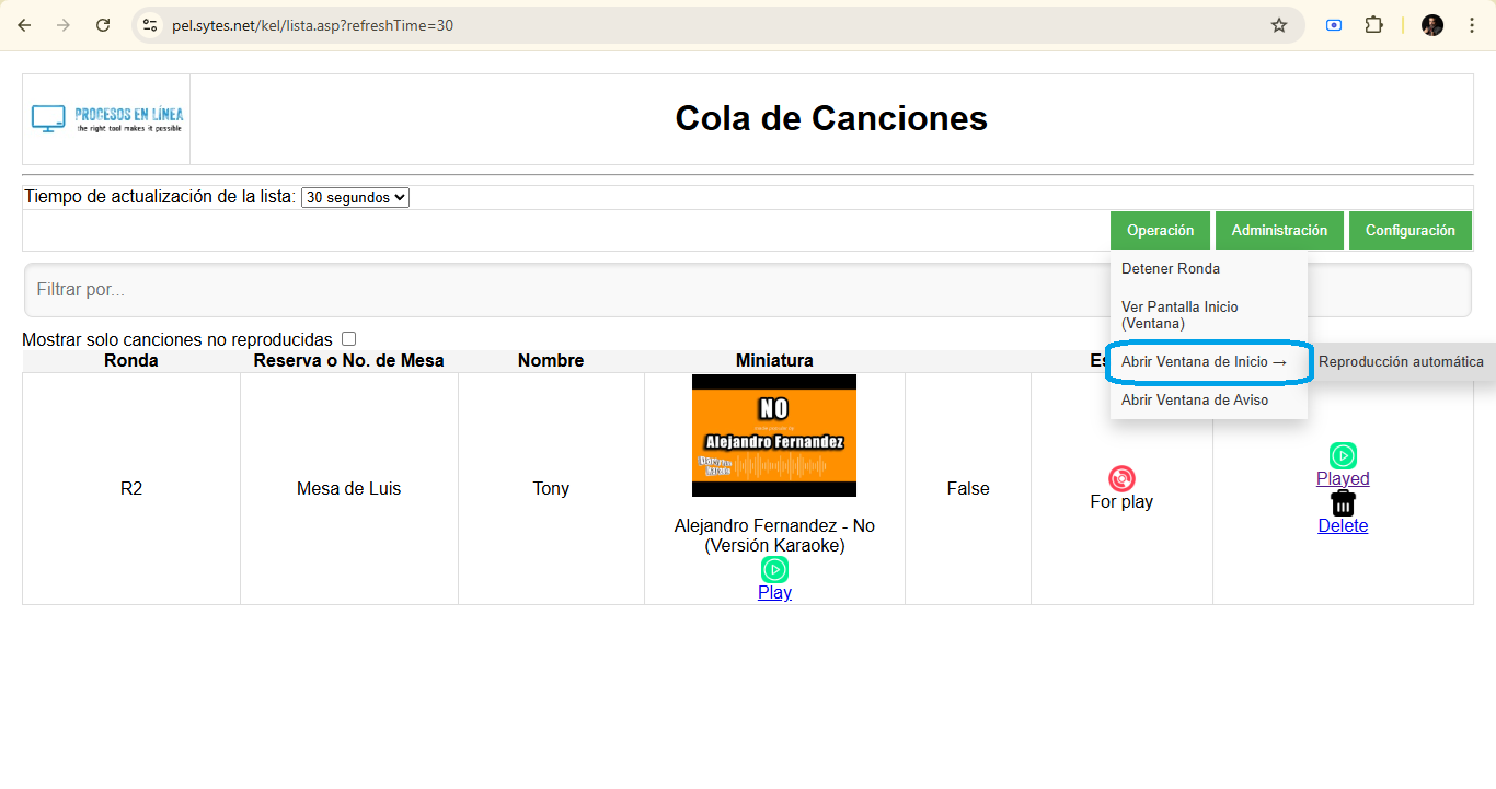 Opciones para visualizar la ventana secundaria